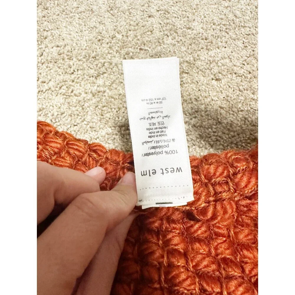 West Elm‎ Textured Woven Throw Blanket Rust Orange Fringe Tassel Boho Modern